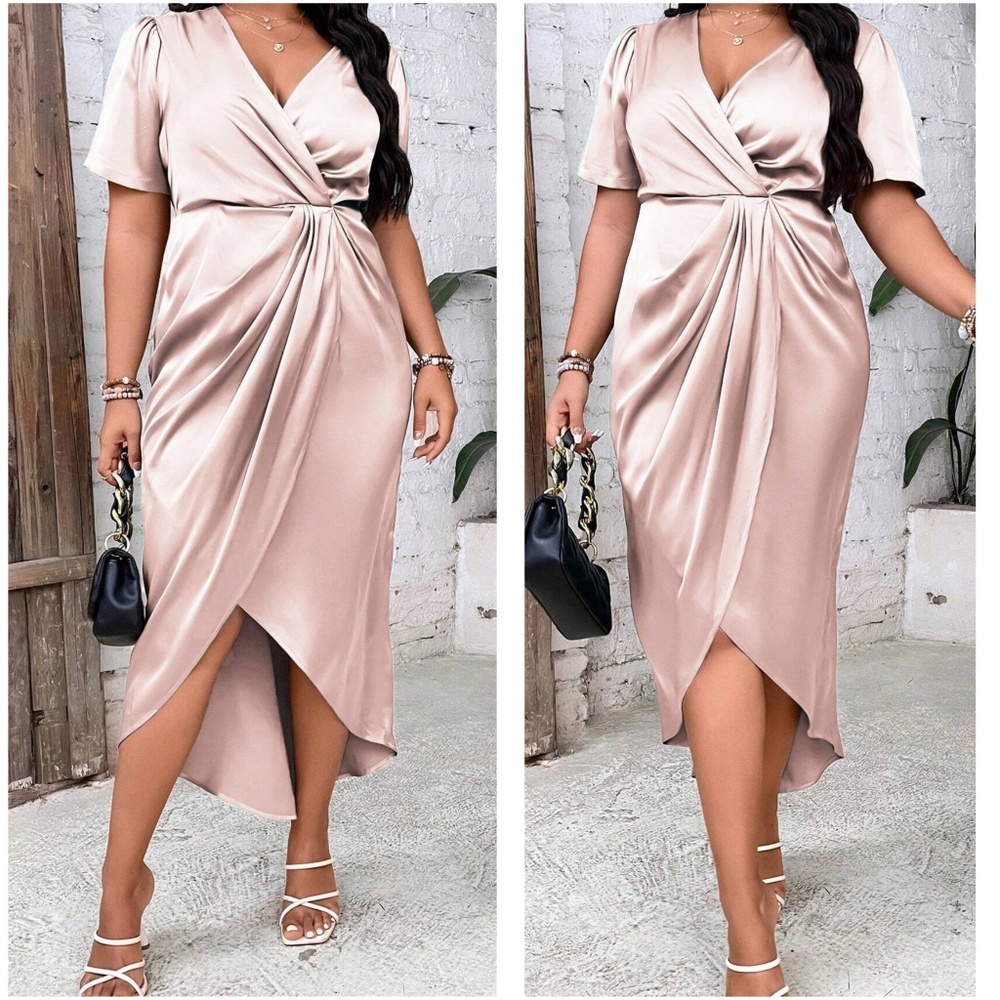 Luxe Satin Surplice Short Sleeve Evening Party Dress